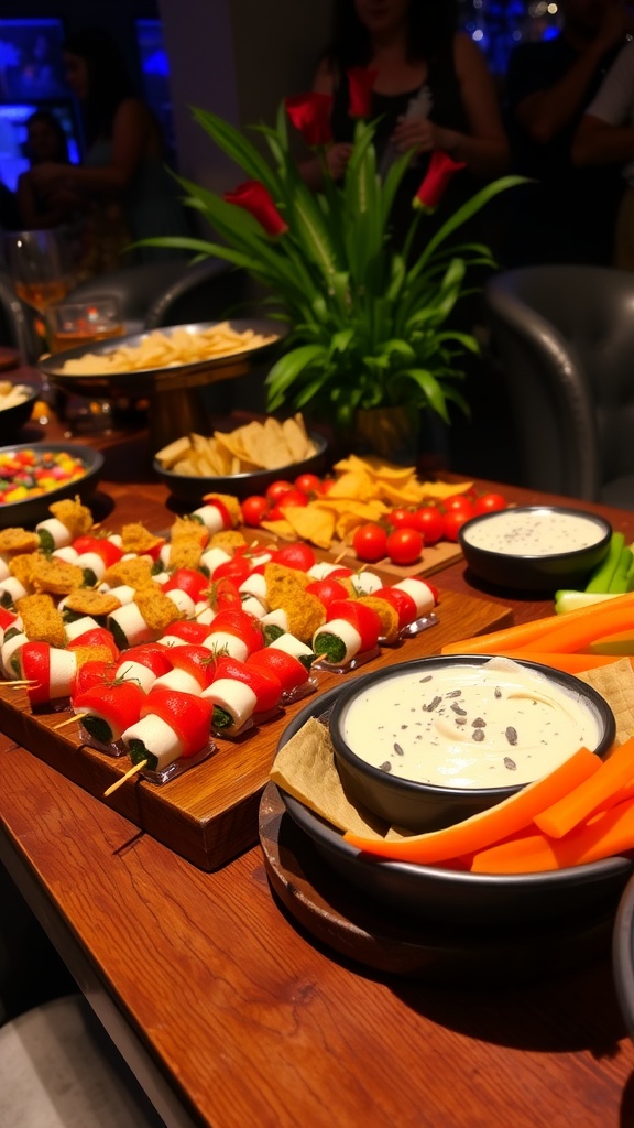 A beautiful display of assorted appetizers including stuffed mushrooms, Caprese skewers, and a vegetable platter with hummus, ready for a party.